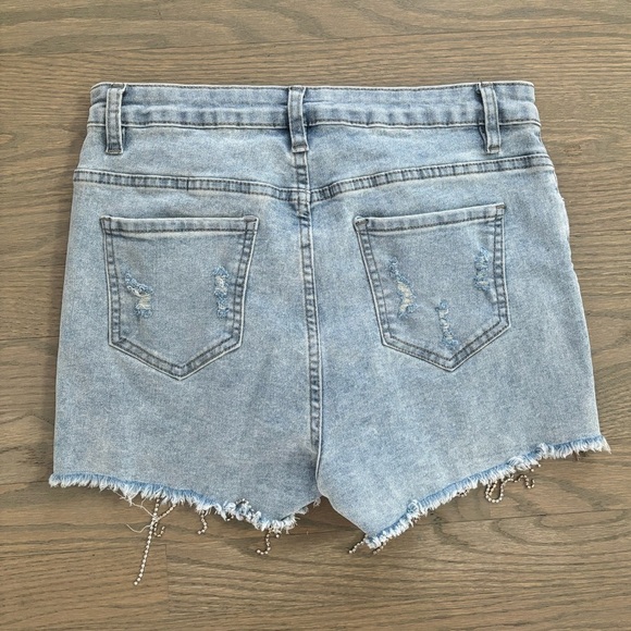SHEIN Rhinestone Beaded Light Wash Denim Stretchy Jean Mini Shorts women’s 6 - Picture 4 of 4